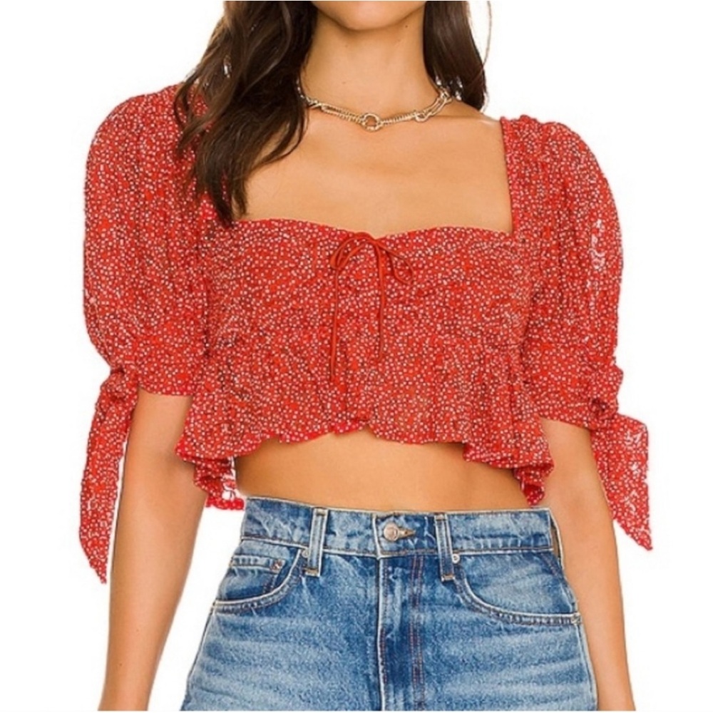 For Love & Lemons Leila Top Red White Lace Polka Dot Puffed Sleeves Crop Top S